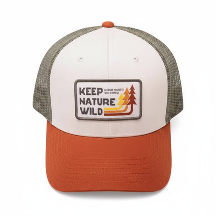 White and orange trucker hat with a Keep Nature Wild patch