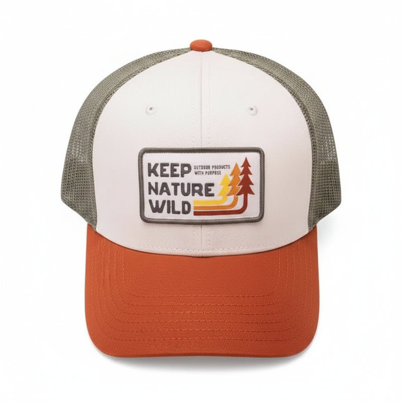 White and orange trucker hat with a Keep Nature Wild patch
