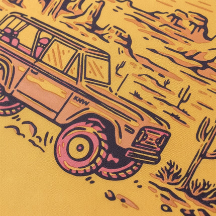 Desert landscape graphic with a vintage 4x4 vehicle and cacti