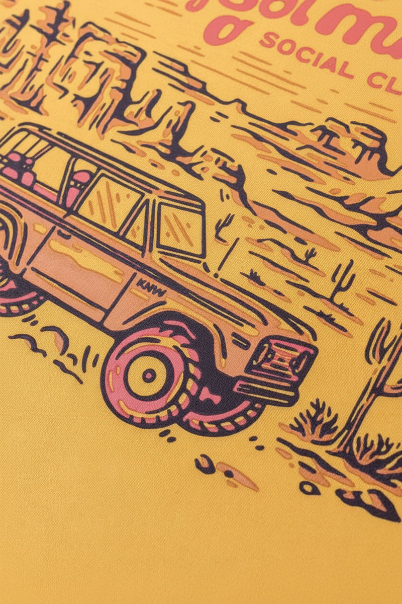 Desert landscape graphic with a vintage 4x4 vehicle and cacti