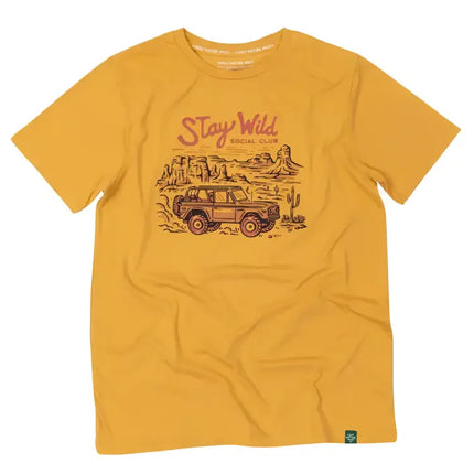 Mustard yellow t-shirt with a graphic of a desert landscape, an off-road vehicle, and Stay Wild Social Club text