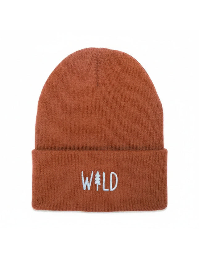 Brown beanie with the word WILD embroidered in white, with a tree graphic replacing the I