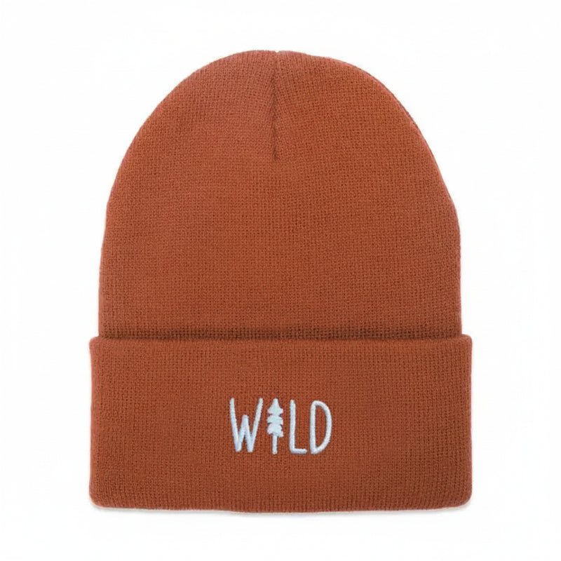 Brown beanie with the word WILD embroidered in white, with a tree graphic replacing the I