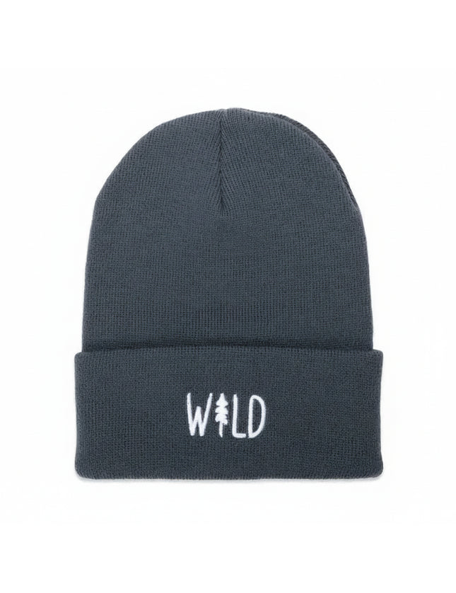 Dark grey beanie with white embroidered text WILD, where the I is a pine tree graphic