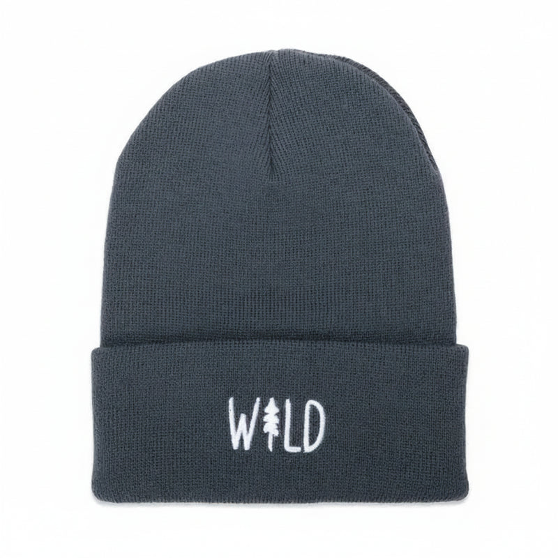 Dark grey beanie with white embroidered text WILD, where the I is a pine tree graphic