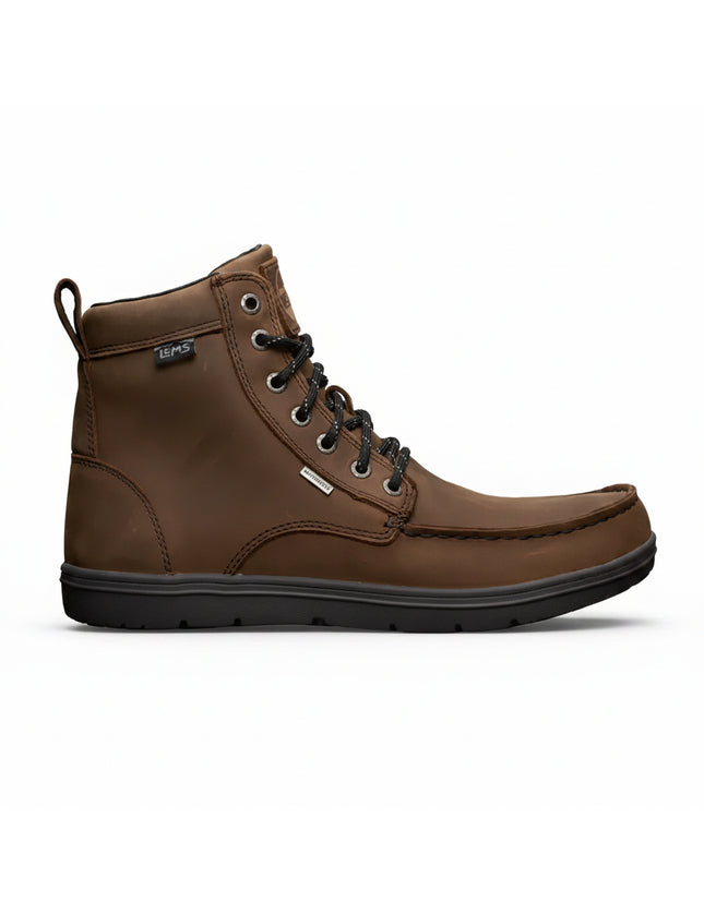 Brown leather Lems waterproof boot with black laces and sole