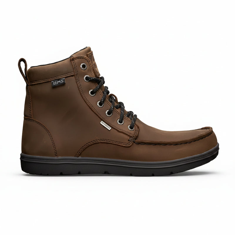 Brown leather Lems waterproof boot with black laces and sole
