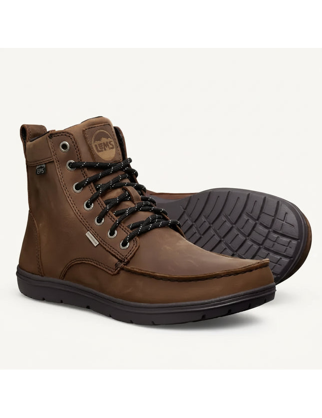 Brown leather Lems waterproof boot with black laces and sole