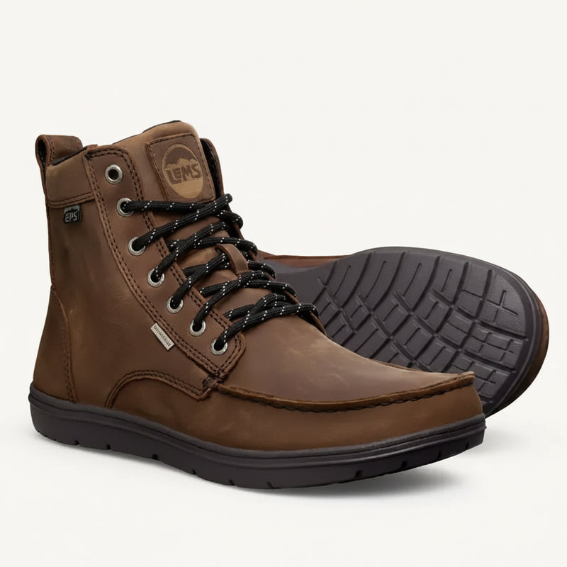 Brown leather Lems waterproof boot with black laces and sole