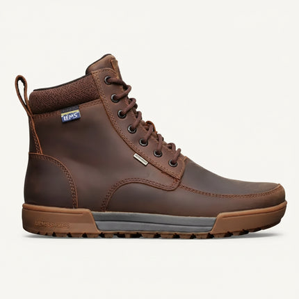 Brown leather waterproof hiking boot with dark brown laces and a grey and brown sole