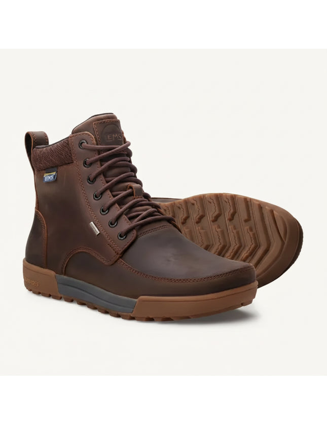 Pair of brown leather lace-up boots with a dark brown sole and a light brown outsole