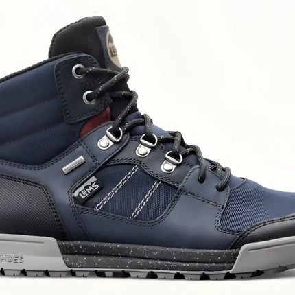 Navy blue and black Lems Shoes waterproof hiking boot with grey sole and speckled midsole