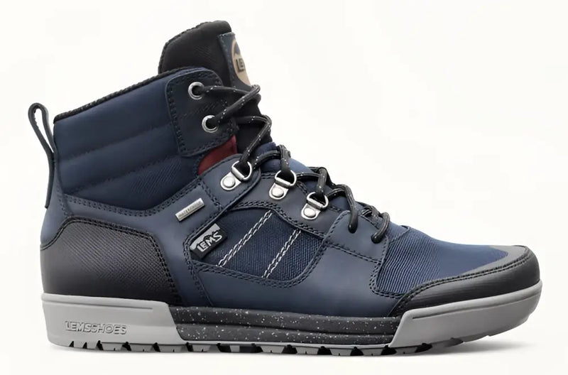 Navy blue and black Lems Shoes waterproof hiking boot with grey sole and speckled midsole