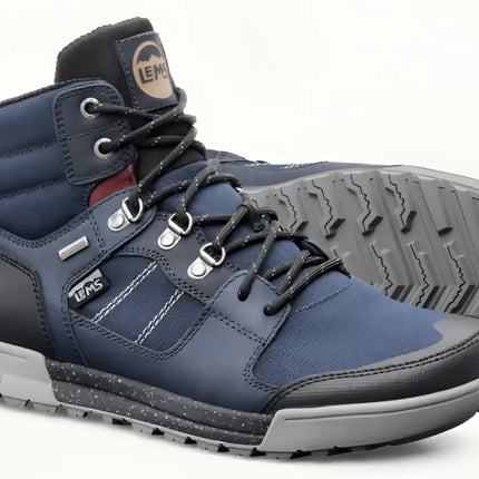Pair of Lems waterproof blue and black hiking boots with grey soles