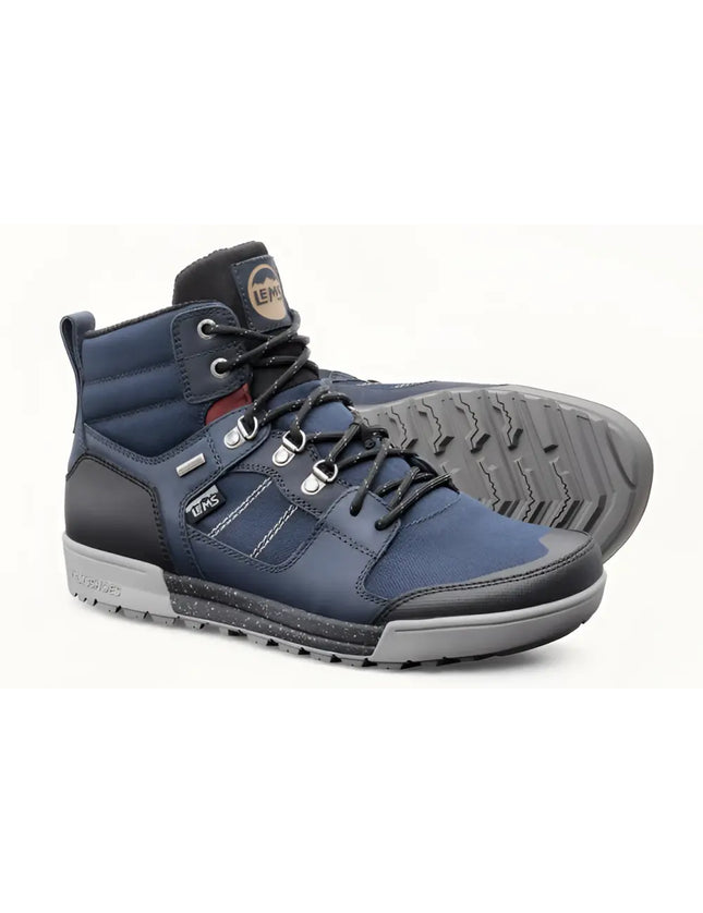 Pair of Lems waterproof blue and black hiking boots with grey soles