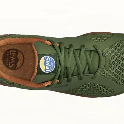 Top-down view of a Lems Primal 2 shoe in an olive green color with brown accents
