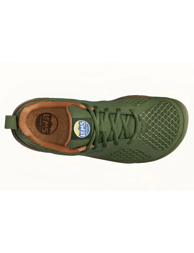 Top-down view of a Lems Primal 2 shoe in an olive green color with brown accents