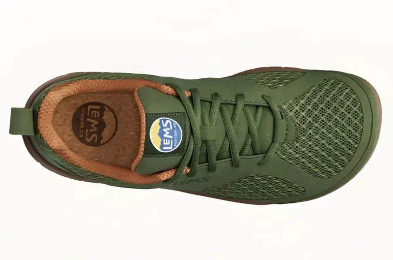 Top-down view of a Lems Primal 2 shoe in an olive green color with brown accents