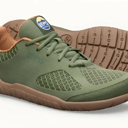 Pair of Lems Primal Pursuit shoes in olive green and brown, with textured mesh and smooth panels