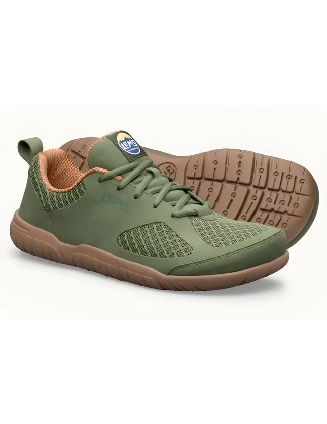 Pair of Lems Primal Pursuit shoes in olive green and brown, with textured mesh and smooth panels
