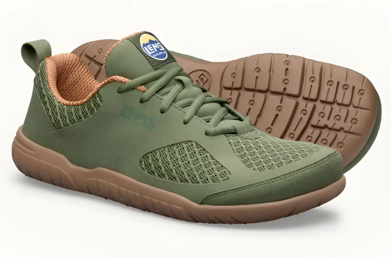 Pair of Lems Primal Pursuit shoes in olive green and brown, with textured mesh and smooth panels