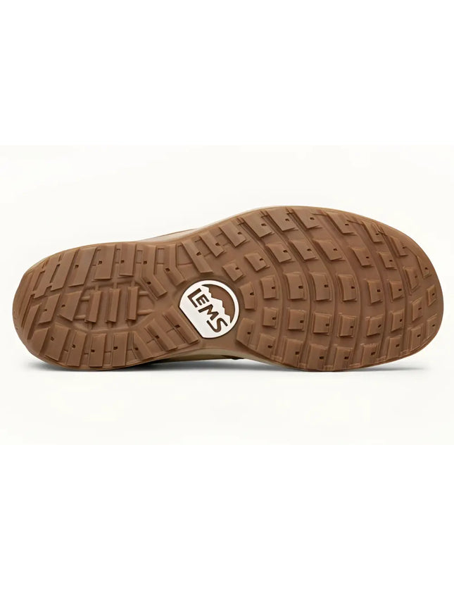 Brown shoe sole with Lems logo