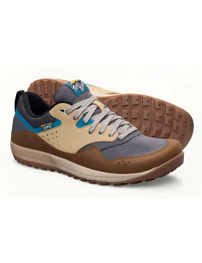 Pair of Lems Trailhead V2 shoes in brown, tan, and blue with gray laces