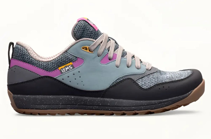 Lems Primal Pursuit shoe in grey, purple, and black with a speckled midsole and brown outsole