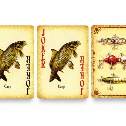 Three vintage-style fishing cards shown side by side on a white background. The left two cards feature a carp fish with the word JOKER printed vertically, and the right card shows three fishing lures with decorative borders.