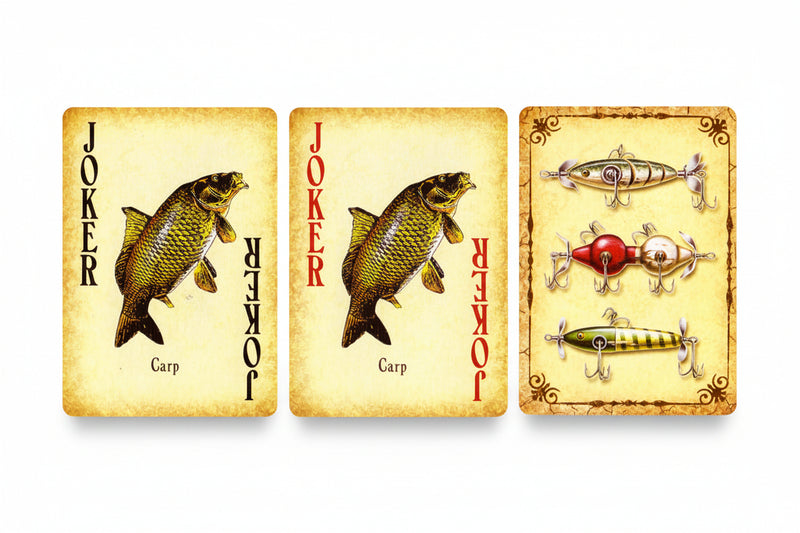 Three vintage-style fishing cards shown side by side on a white background. The left two cards feature a carp fish with the word JOKER printed vertically, and the right card shows three fishing lures with decorative borders.