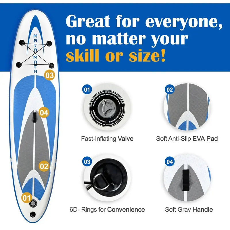 Inflatable paddleboard with callouts for fast-inflating valve, anti-slip EVA pad, 6D-rings, and soft grav handle