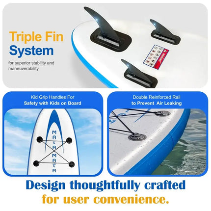 Triple fin system, kid grip handles, and double reinforced rail on a paddleboard
