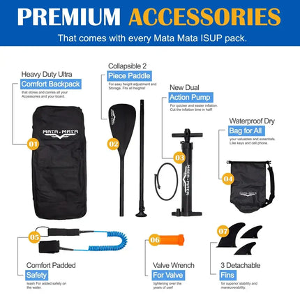 Mata Mata ISUP accessories including backpack, paddle, pump, dry bag, leash, valve wrench, and fins