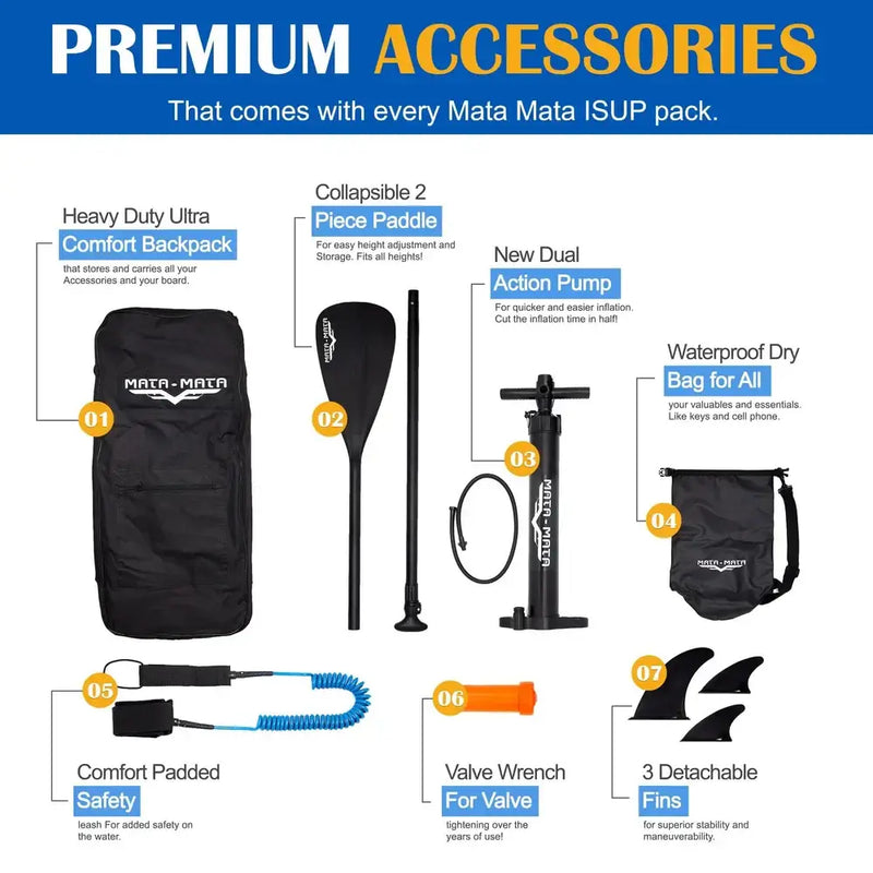 Mata Mata ISUP accessories including backpack, paddle, pump, dry bag, leash, valve wrench, and fins