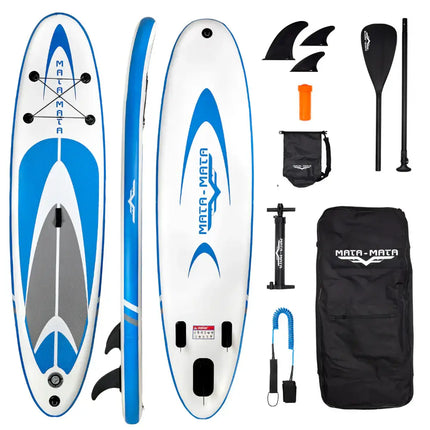 Inflatable stand up paddle board with accessories, including pump, paddle, fins, and carry bag