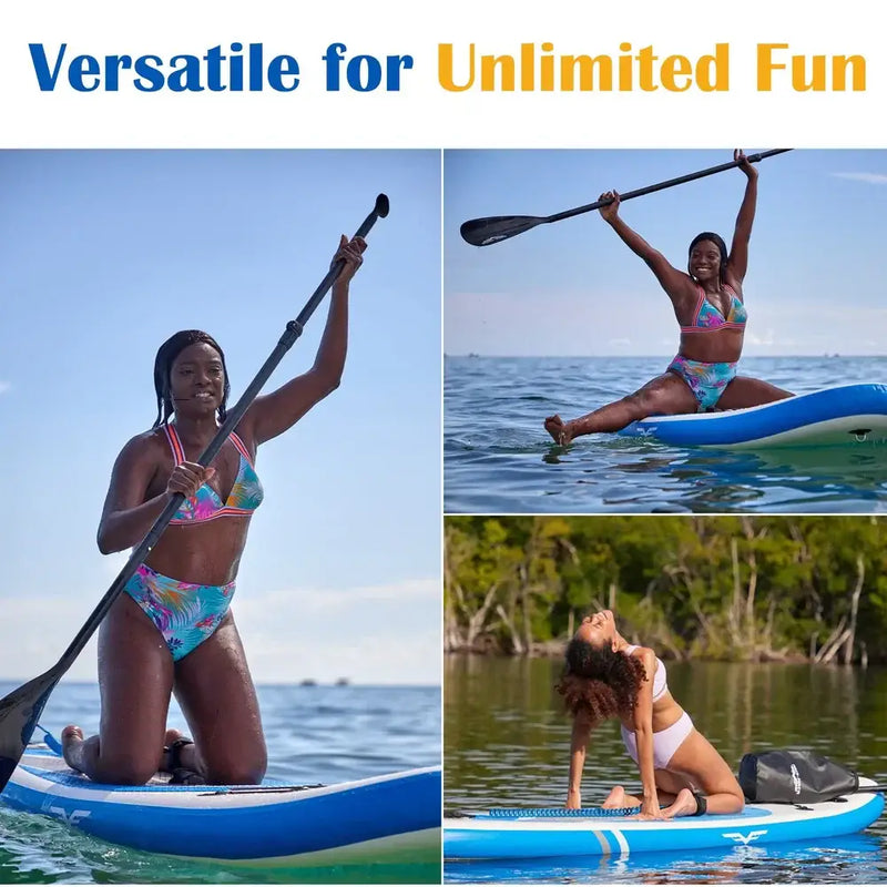 Three women paddleboarding, one kneeling, one doing a split, and one stretching on a blue board