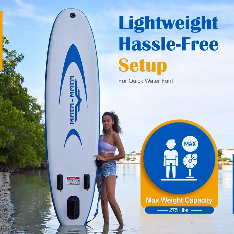 Woman standing in water next to a white and blue paddleboard with Mata-Mata logo