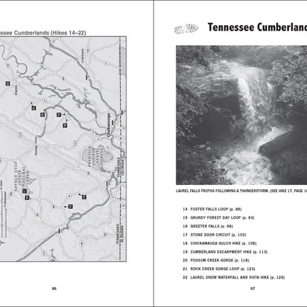 Map of Tennessee Cumberlands with numbered hikes and a black and white photo of Laurel Falls
