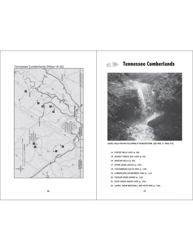 Map of Tennessee Cumberlands with numbered hikes and a black and white photo of Laurel Falls