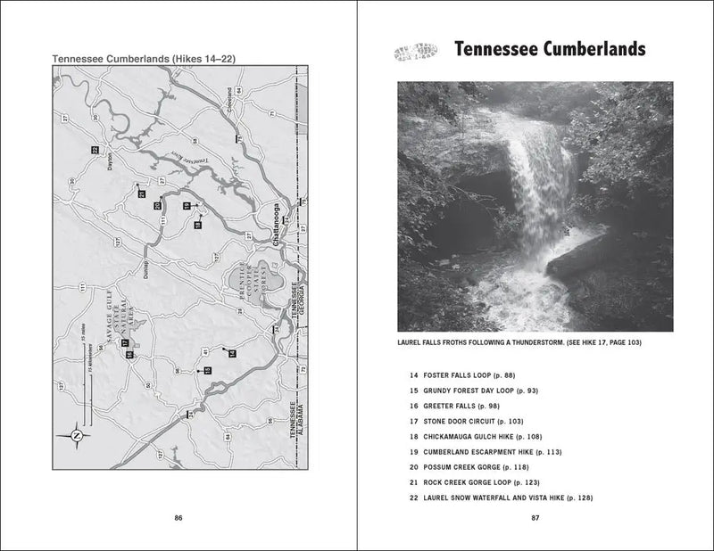 Map of Tennessee Cumberlands with numbered hikes and a black and white photo of Laurel Falls