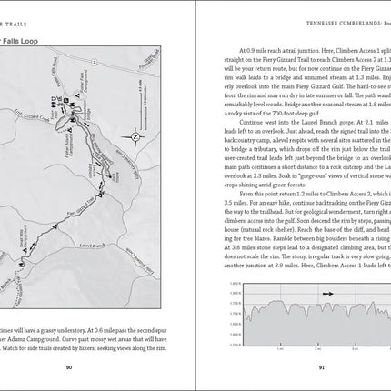 Map of Foster Falls Loop trail with text descriptions and an elevation profile