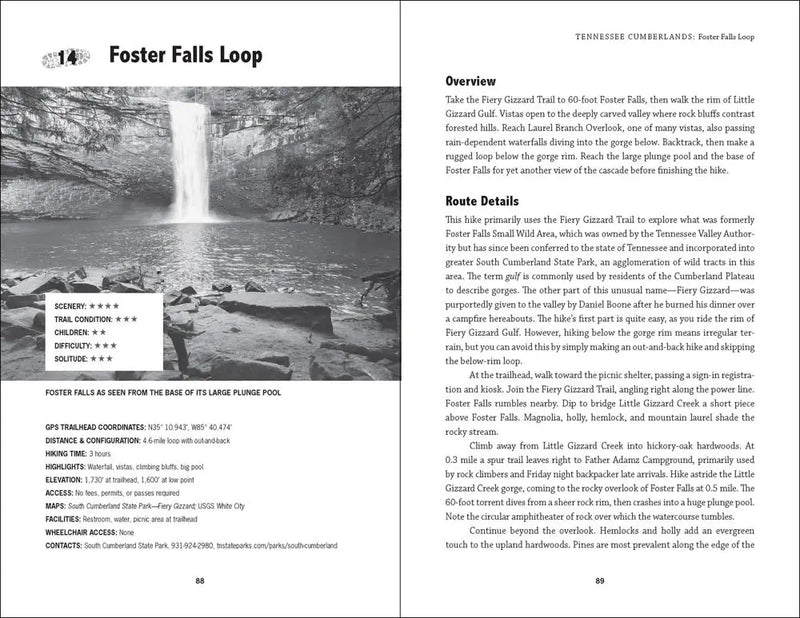 Foster Falls Loop trail guide with waterfall image and text description