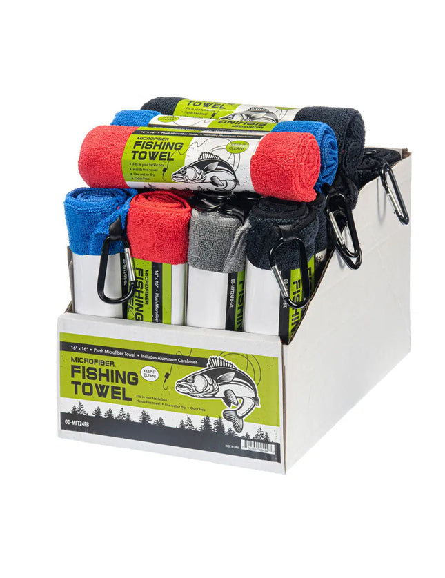 Display box of microfiber fishing towels in red, blue, grey, and black with carabiners