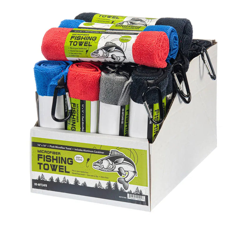 Display box of microfiber fishing towels in red, blue, grey, and black with carabiners