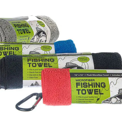 Four rolled microfiber fishing towels in blue, black, red, and gray with carabiners
