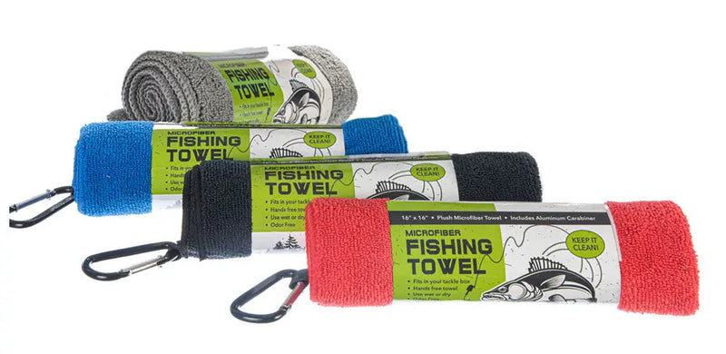 Four rolled microfiber fishing towels in blue, black, red, and gray with carabiners