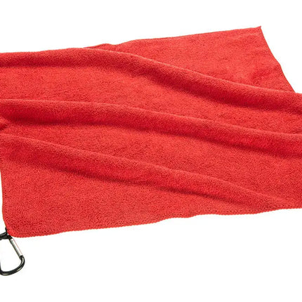 Red microfiber towel with a black carabiner clip attached to one corner