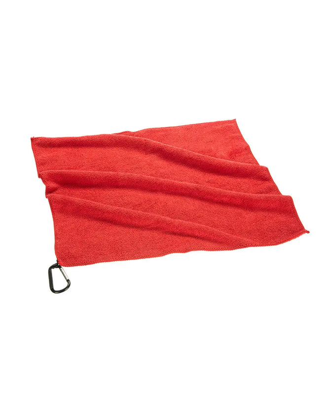 Red microfiber towel with a black carabiner clip attached to one corner