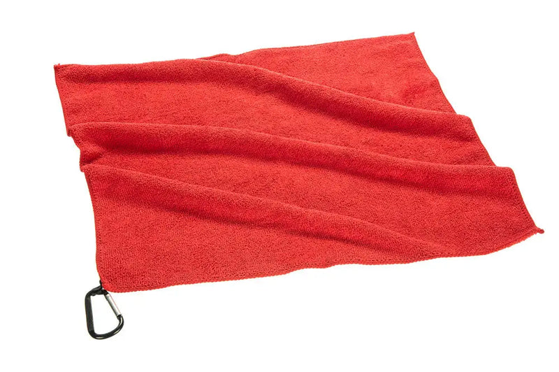 Red microfiber towel with a black carabiner clip attached to one corner