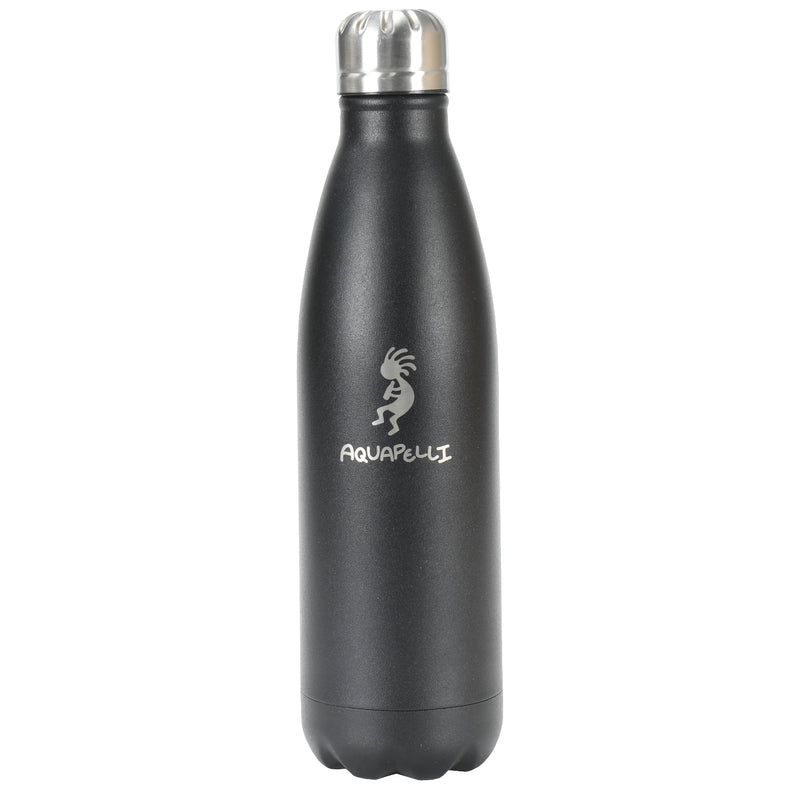 Black insulated bottle with silver cap on a white background